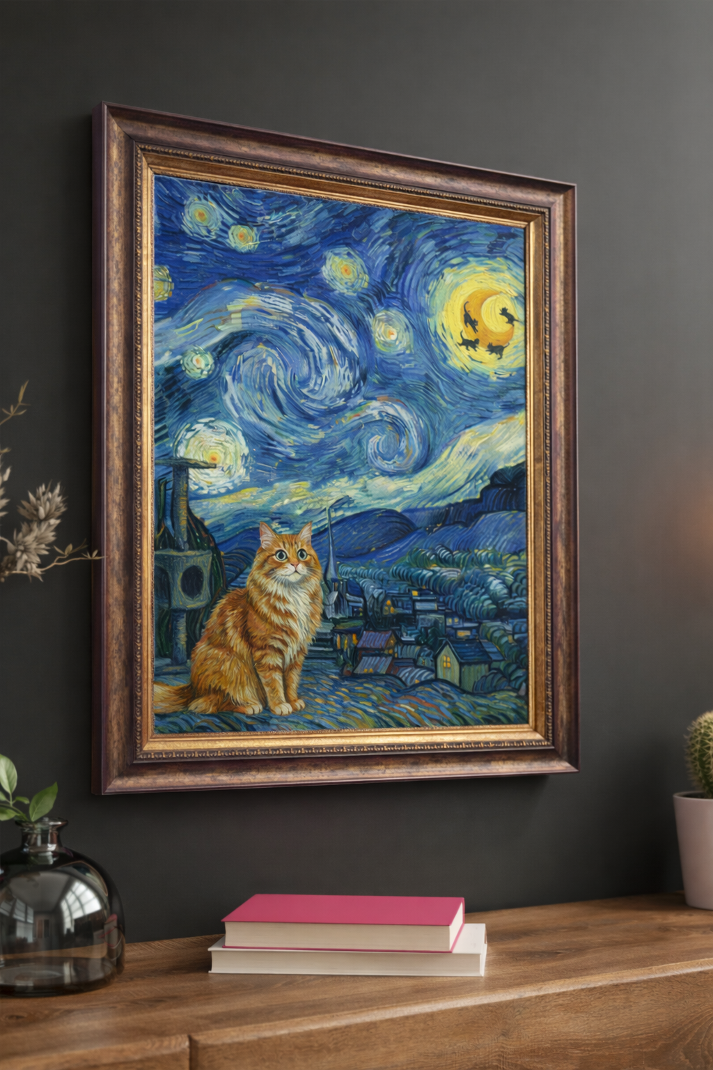 Starry Night Cat Wall Art Print – Vintage Style Cat Canvas Painting – Home Decor Poster