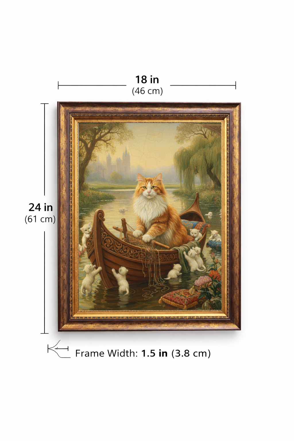 Fantasy Cat Boat Wall Art – Storybook Cat Canvas Print – Vintage River Cat Painting Poster