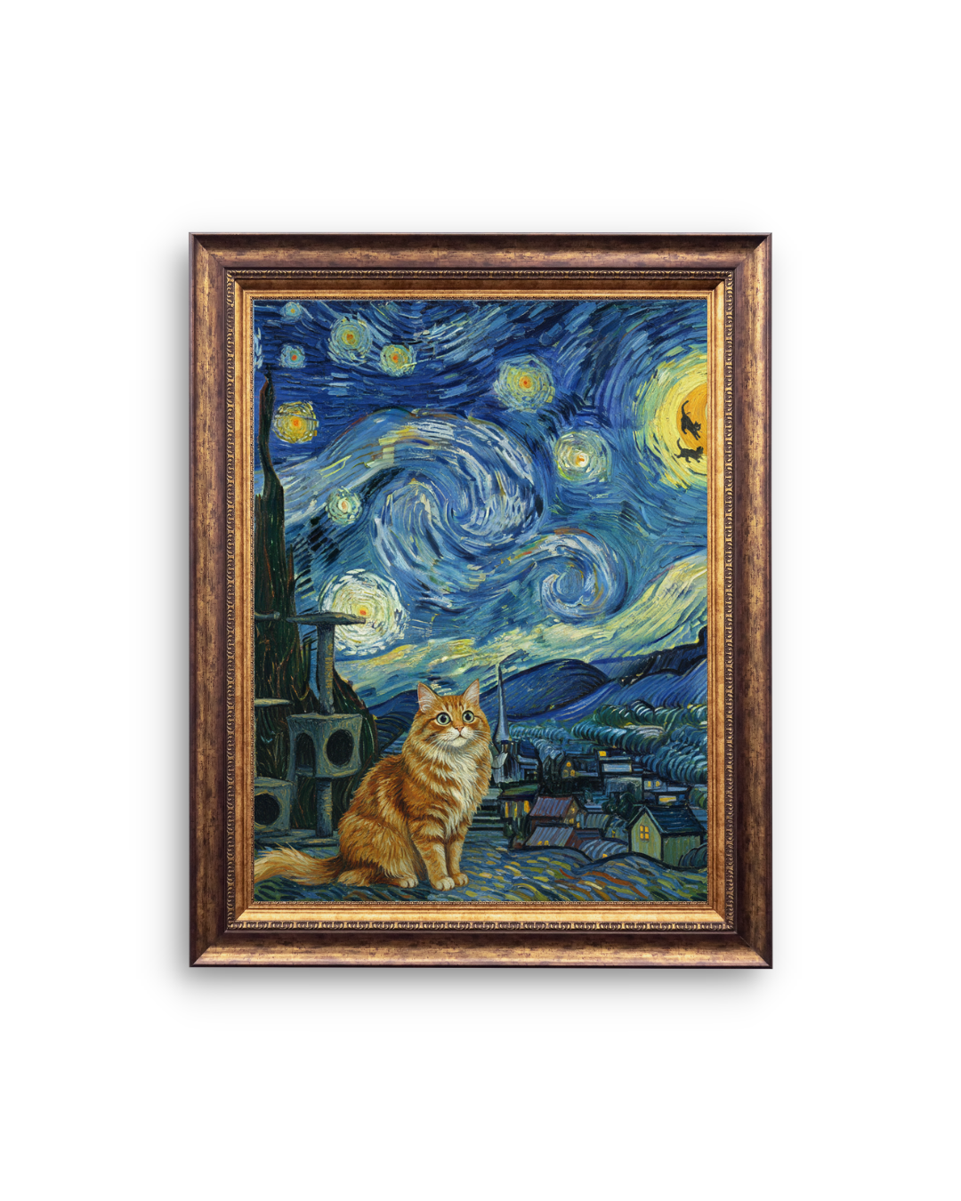 Starry Night Cat Wall Art Print – Vintage Style Cat Canvas Painting – Home Decor Poster