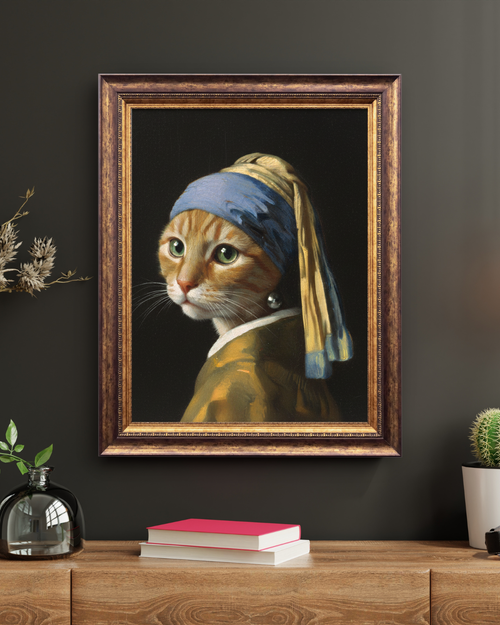 Girl with a Pearl Earring Cat Wall Art Print – Vintage Dutch Style Cat Canvas Painting Poster