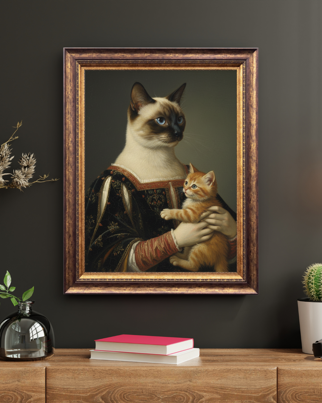 Renaissance Cat and Kitten Wall Art – Vintage Royal Cat Canvas Print – Classical Portrait Poster