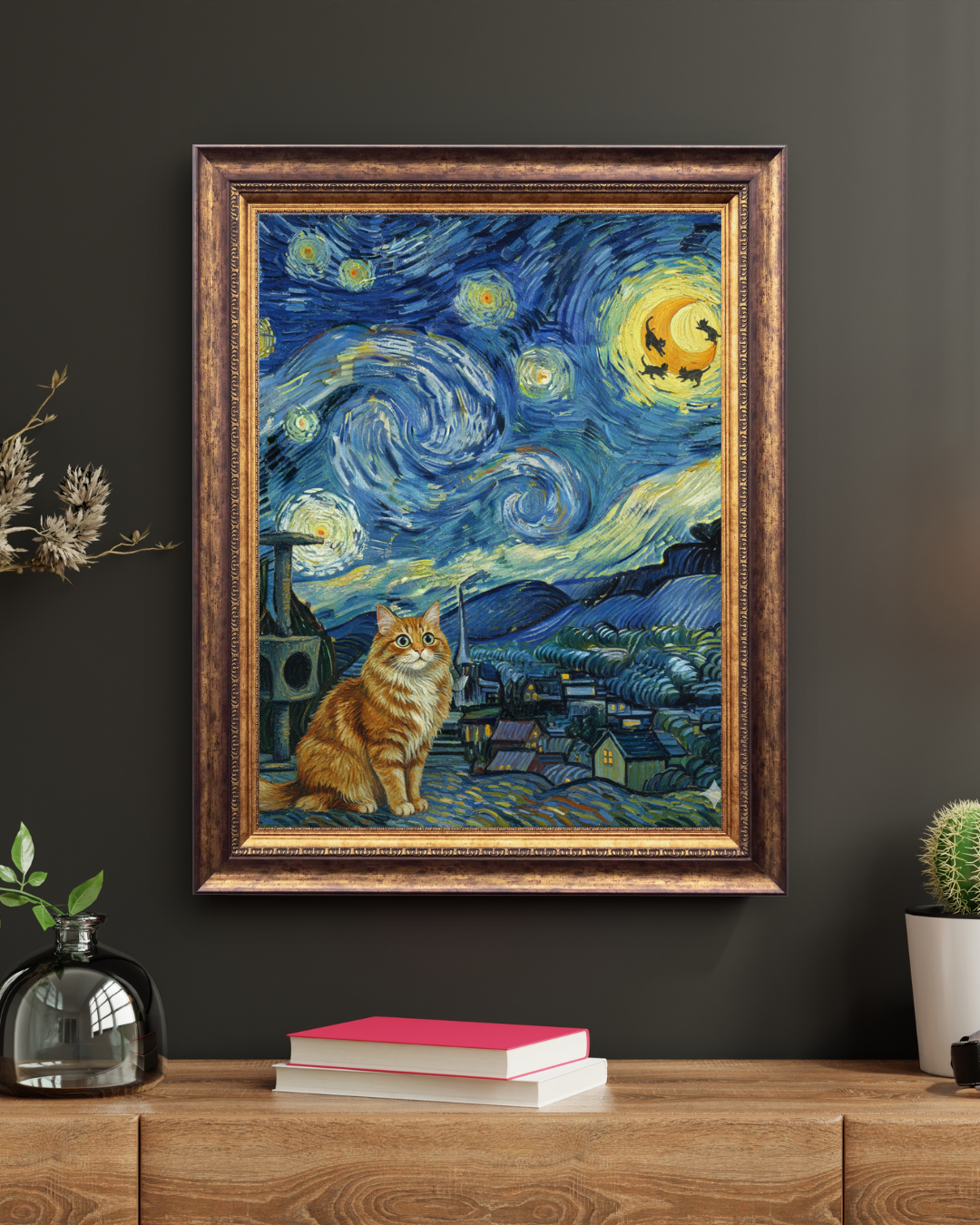 Starry Night Cat Wall Art Print – Vintage Style Cat Canvas Painting – Home Decor Poster